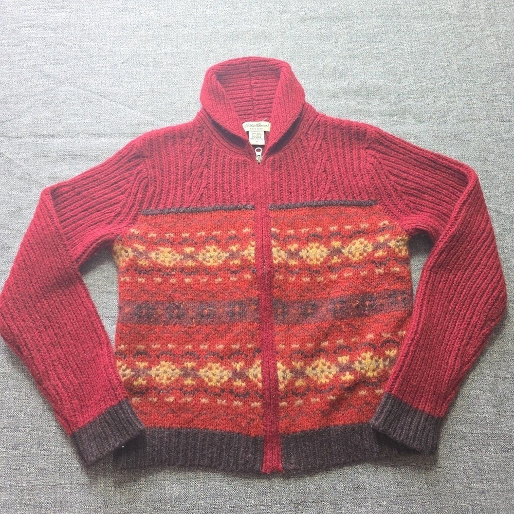 Vintage Eddie Bauer Sweater Womens Medium Red Wool Mohair Blend Fair Isle